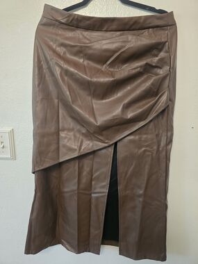 Brown Faux Leather Asymmetrical Midi Skirt